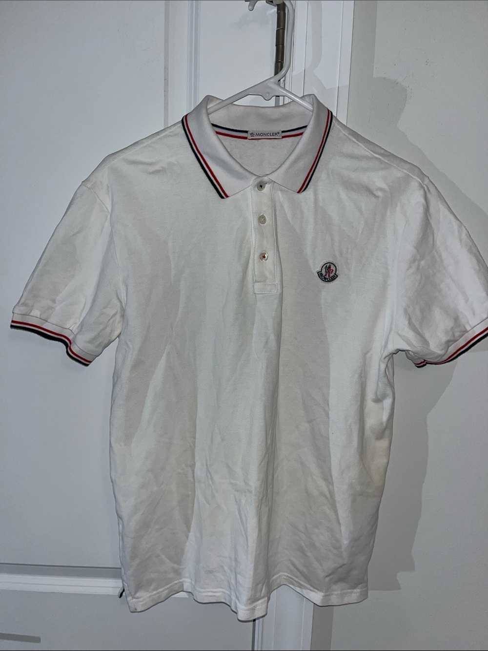 Moncler White Polo Tennis Golf SSShirt Size Large slim White Red Blue Stripe L